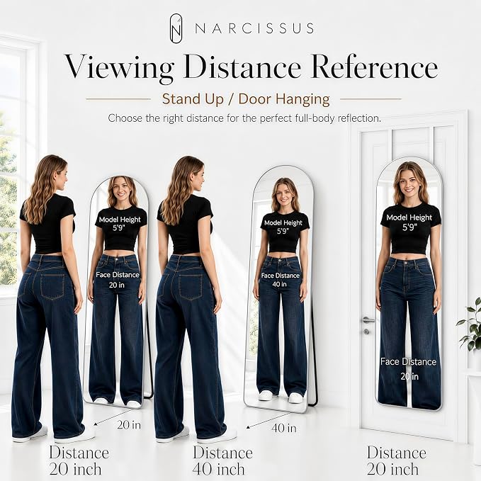 NARCISSUS Full Length Mirror 57x20 Inch, Over The Door Mirror with Stand, Wall Mounted or Freestanding/Door Hanging Full Body, Aluminum Alloy Frame, Silver - Image 6