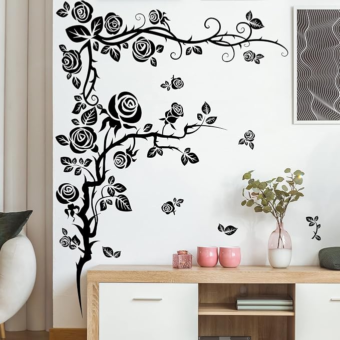 Amaonm Creative 3D Black Vinyl Flowers Wall Stickers - Removable DIY Flower Vine Wall Decals for Roses & Leaves Decor - Image 5