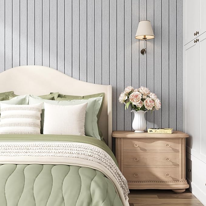 VEELIKE Light Grey Wood Slat Wall Panel Peel and Stick Wood Wall Panels for Interior Walls Decor Ceiling TV Backdrops 17''x118'' Self Adhesive 3D Foam Slat Wallpaper Paneling for Bedroom Headboards - Image 2
