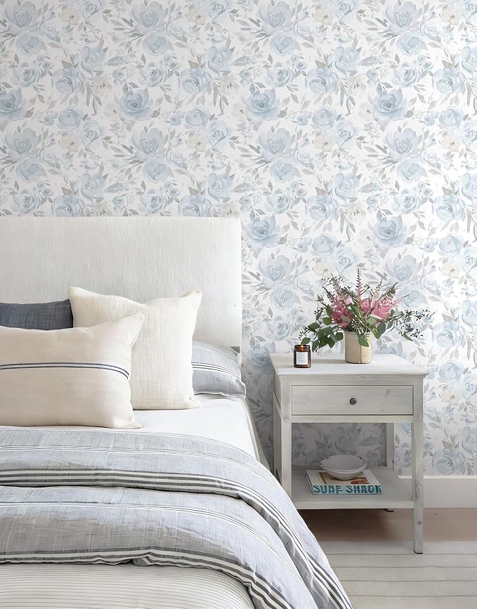 Heroad Blue Floral Wallpaper Peel and Stick Wallpaper Flower Contact Paper Rose Removable Self-Adhesive Wall Paper for Cabinets Bedroom Bathroom Stick on Walls Papel Tapiz para Pared 17.3''x78.7'' - Image 9