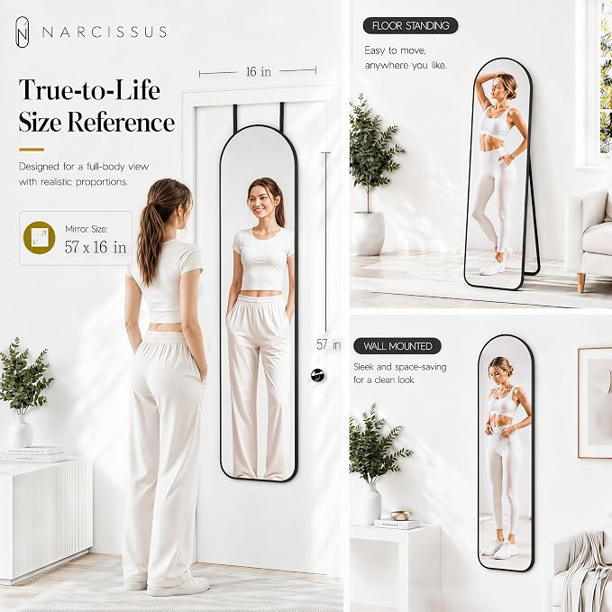 NARCISSUS Full Length Mirror 57x16 Inch, Over The Door Mirror with Stand, Wall Mounted or Freestanding/Door Hanging Full Body, Aluminum Alloy Frame, Black - Image 3