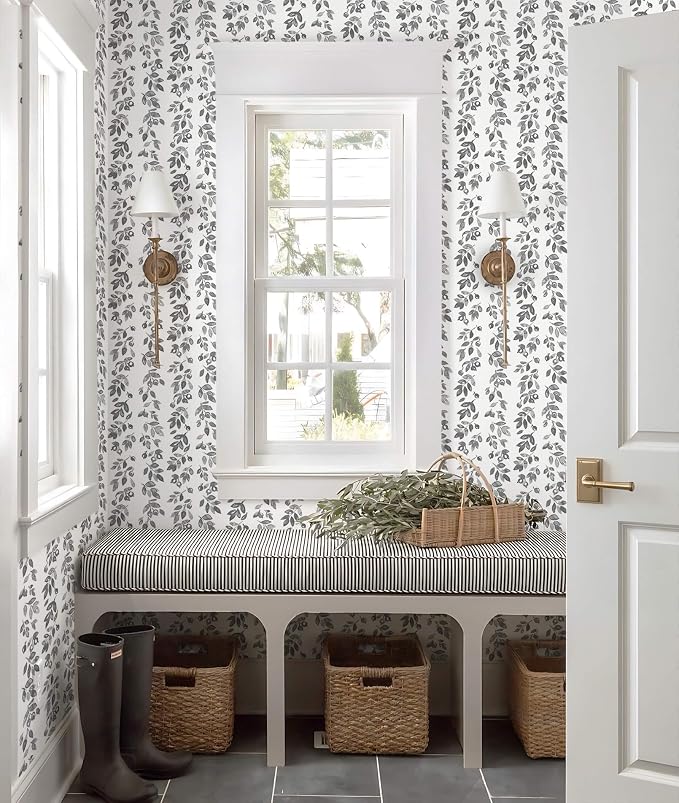 Heroad Grey Wallpaper Vintage Peel and Stick Wallpaper Leaf Contact Paper Cottage Core Wall Paper Self Adhesive Removable Wallpaper for Bathroom Bedroom Kitchen Watercolor Decor Vinyl 17.3''x78.7'' - Image 4