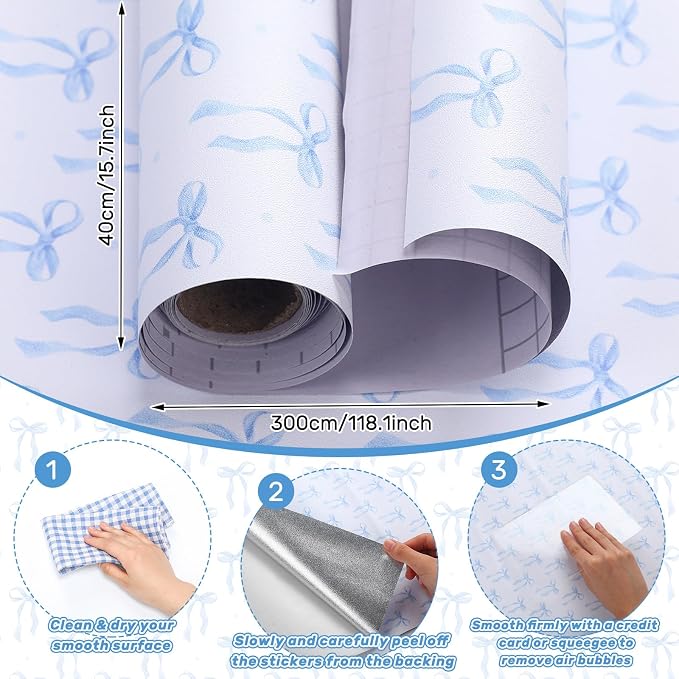Drydiet Blue Bow Wallpaper Peel and Stick Contact Paper 15.8 x 118.1 | Self Adhesive, Blue Bow Coquette Design, Easy Apply Remove, Wall Sticker for Home Locker Dorm Classroom Living Room Decor - Image 2