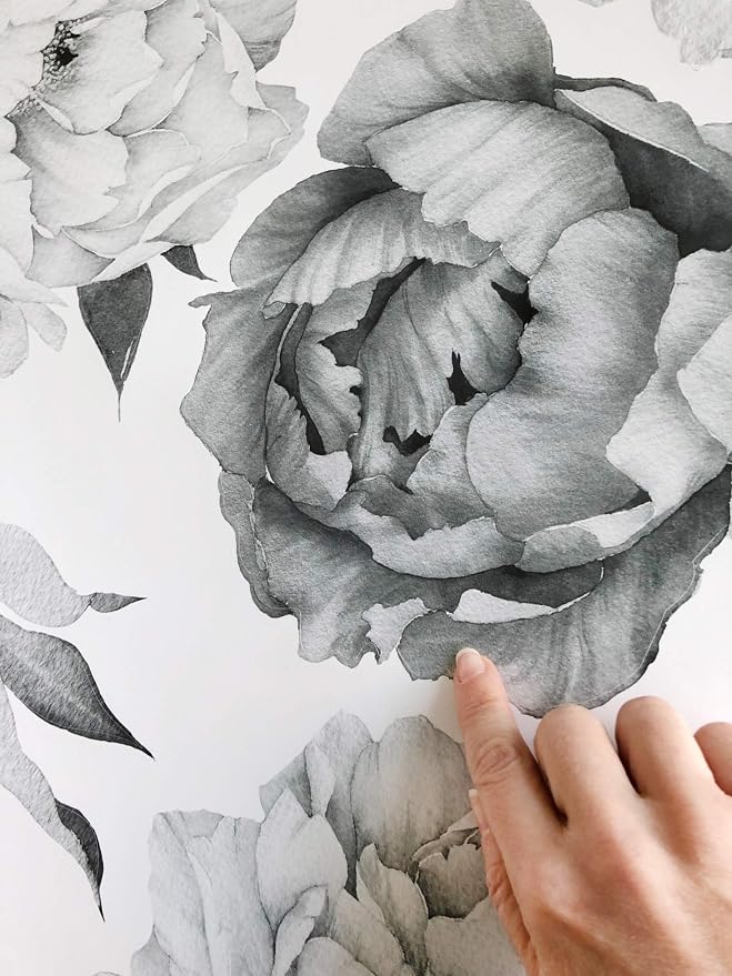 Peony Watercolor Wall Decals (Black and White Watercolor) - Flowers Decals for Wall - Botanical Bedroom Decor - Floral Peonies Grey Wall Stickers with Test Sample - Image 7
