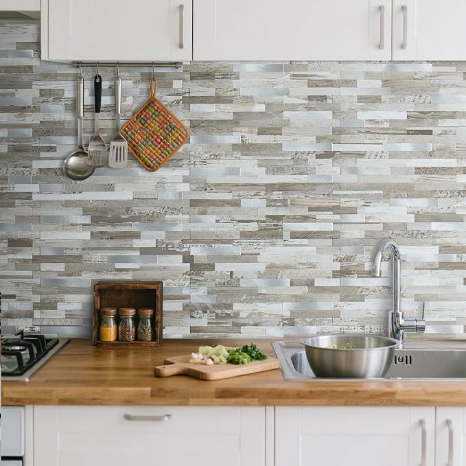 AULIGET Peel and Stick Backsplash, Coffee & Brown Wood Look PVC Mixed Metal Stick on Bathroom Backsplash, 2 - Image 2