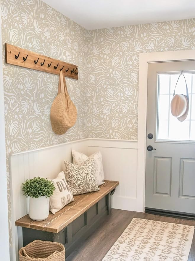 Ismoon Boho Peel and Stick Wallpaper Beige Floral Contact Paper Boho Stick on Wall Paper Textured Removable Self Adhesive Vinyl Wallpaper for Bedroom Bahtroom Wall Decor 17.3x78.7in - Image 8