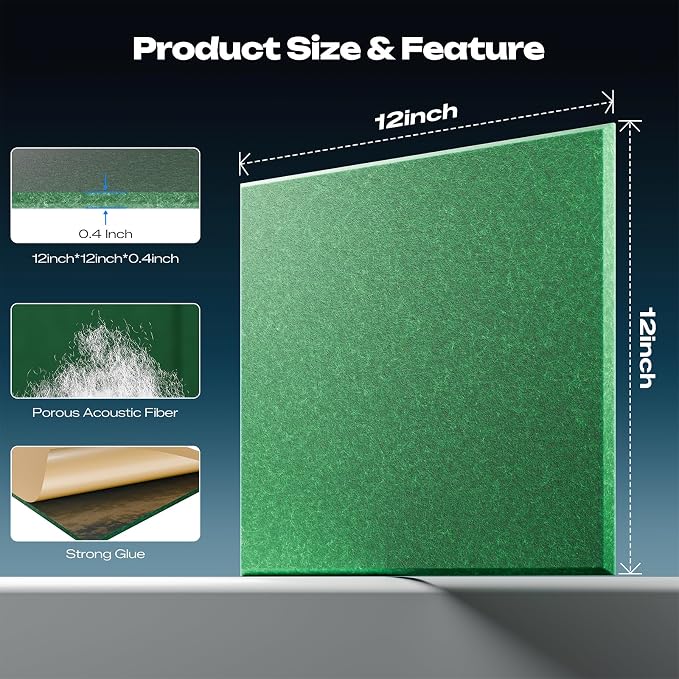 Sonicism 22 Pack Acoustic Wall Panels with Self-Adhesive, 12" X 12" X 0.4" Sound Proof Foam Panels, Decorative Soundproof Wall Panels, Sound Proof Absorbing Tiles for Home & Offices, Forest Green - Image 4