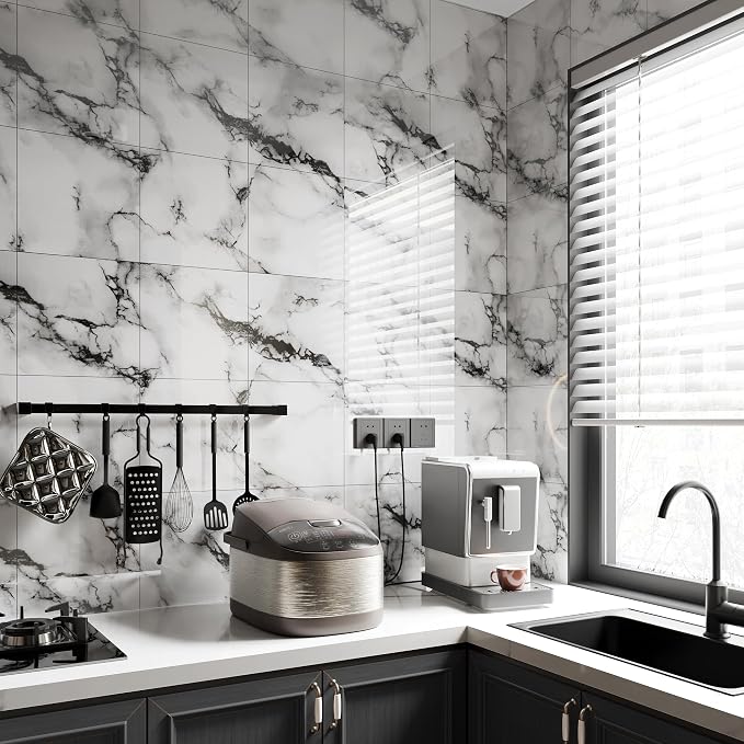 20pcs Ink White Marble Peel and Stick Shower Wall Panels 11.8"x11.8" | (Total 19.4 Sq.Ft.) Waterproof,Backsplash Tile,Stick on Wall,for Bathroom,Bedroom,Kitchen,Entryway - Image 3