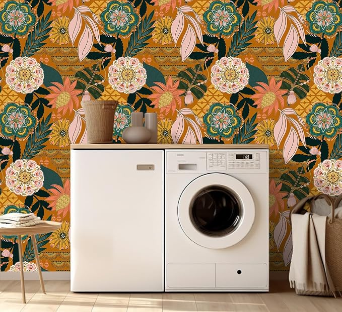 HAOKHOME Orange Peel and Stick Wallpaper Tropical Boho 17.3in x 32.8ft | Floral Botanical Texture Removable Waterproof Renter Friendly Wall Paper Terracotta Pink Green Contact Paper Bathroom Bedroom - Image 7