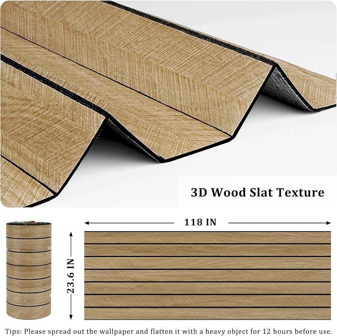 Brown 3D Wood Slat Panels for Walls Acoustic Slat Wall Paneling | Peel and Stick Wood Panels Self Adhesive Textured Wooden Slats Wallpaper for Bedroom Living Room Ceilings 23.6" x 118" - Image 6
