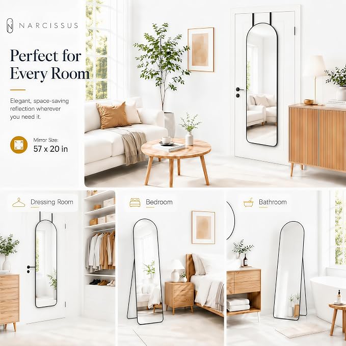 NARCISSUS Full Length Mirror 57x20 Inch, Over The Door Mirror with Stand, Wall Mounted or Freestanding/Door Hanging Full Body, Aluminum Alloy Frame, Black - Image 4