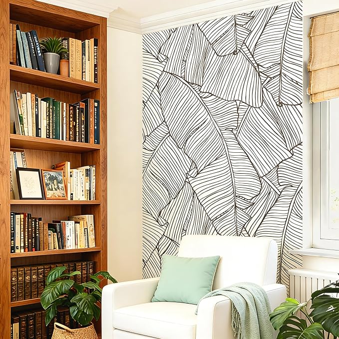 Banana Leaves Peel and Stick Wall Mural Tropical Leather Textured Vintage Self-Adhesive Wallpaper for Accent Wall Art Decor, Brown Banana Leaves Line, 46.3'' x 98.03'' by Flortlias