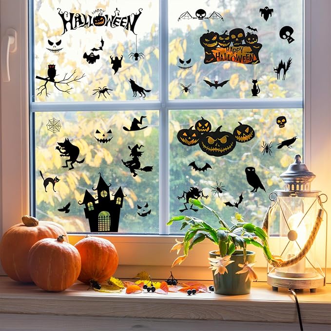 Halloween Wall Decals Stickers, Black Haunted Castle Pumpkin Skeleton Window Clings, Removable Spooky Spider Web Witch Silhouette Wall Stickers for Party Home Decor - Image 3