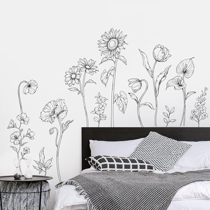 Large Black and White Flower Wall Decals, 3 Sheets Simple Modern Minimalist Sunflower Tulip Wall Stickers Floral Art Decor for Girls Bedroom Home Room Office Adult Gifts for Mom(11.8x35.4 in/Sheet) - Image 6