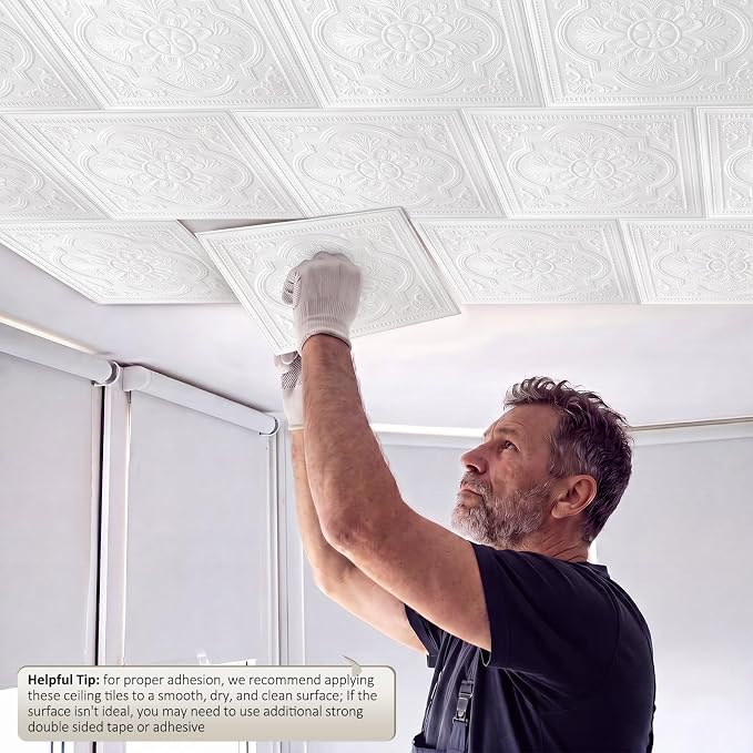 Nuanchu 80 Pcs 13.8 x 13.8 Inch Ceiling Tiles Peel and Stick, Exquisite | Foam White 3D Wall Panels 26-105.5 Sq. ft Adhesive Glue up Waterproof Wallpaper for DIY Office Home - Image 7