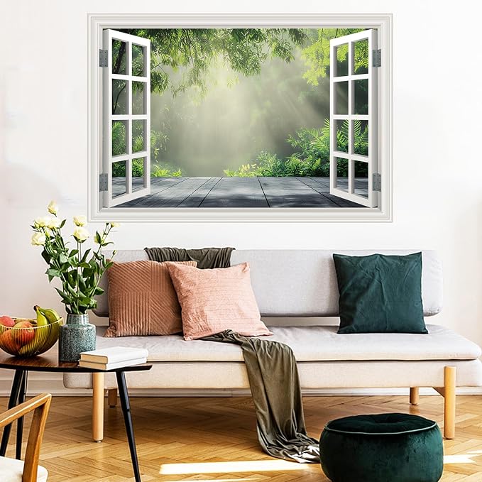 Fake Window Poster Wall Decal - Morning Green Forest Faux Window Wall Mural Prints for Wall Decor, Peel and Stick Wall Sticker, Spring Green Forest Tree Scene Wall Art Poster 24" x 16" - Image 2