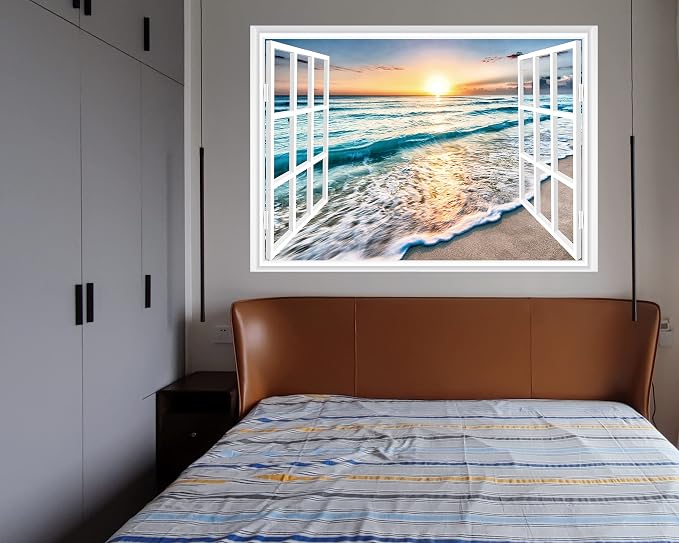 FLFK Fake Window Wall Sticker - Sunset Beach Faux Window Wall Mural for Wall Decor, Stick and Peel Wall Decals,80"x60",Set of 5 Sheets - Image 7
