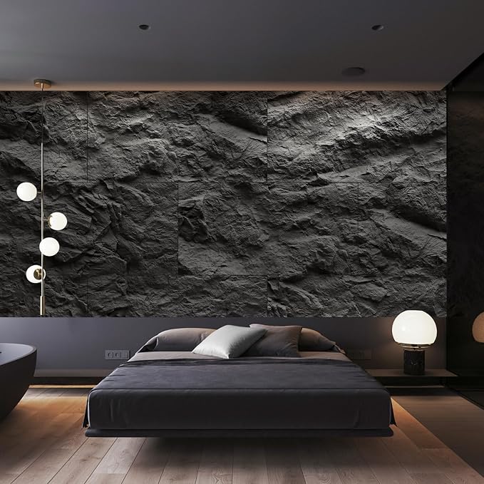 KASARO 3D Faux Stone PU Wall Panels, 4 Pack Cement Texture Black | Thicker PU wainscoting panels with realistic stone texture for accent walls, home & office decor, easy install, 43.3" x 23.6" - Image 4