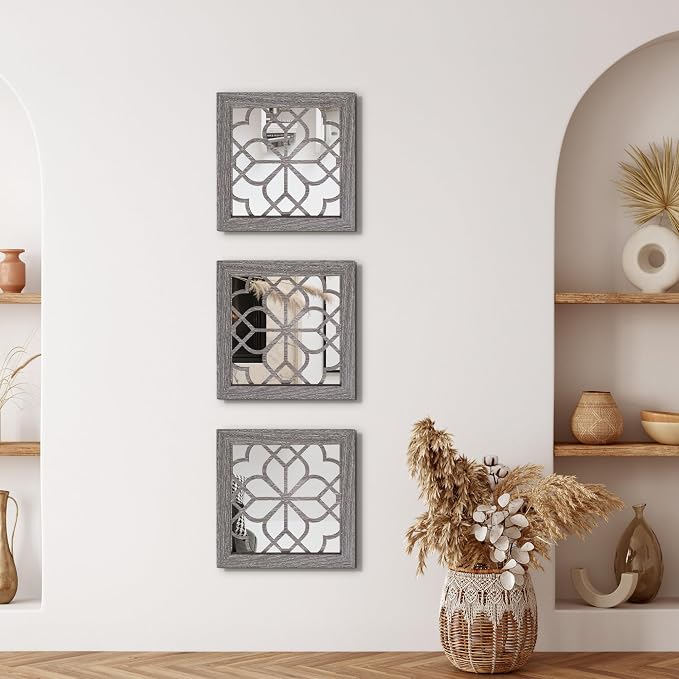 Set of 4 Boho Wall Mirrors with Carved Floral Design, 12x12 Inch Rustic Farmhouse Accent Mirrors, Vintage Style Shatterproof Square Mirror Decor for Living Room, Bedroom(Brown) - Image 5