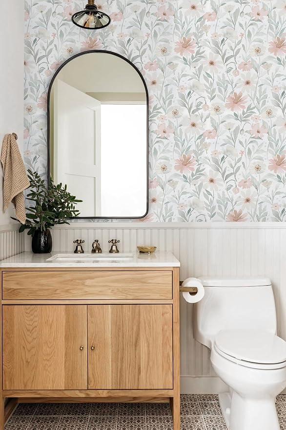 CiCiwind 17.3" × 197" Pink Floral Wallpaper for Bedroom Bathroom Wall Paper Waterproof Removable Self Adhesive Green Leaves Peel and Stick Farm Contact Paper Eco-Friendly Papel Tapiz para Pared - Image 3