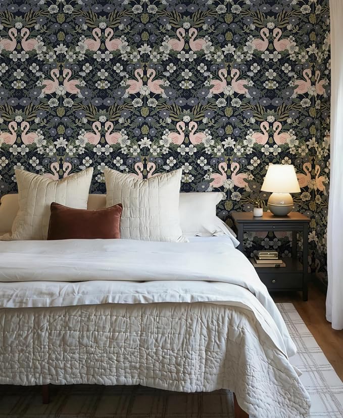 Heroad Vintage Peel and Stick Wallpaper Floral Flamingo Contact Paper Dark Blue William Morris Wall Paper Removable Renter Friendly Wallpaper for Bedroom Nursery Farmhouse Vinyl Rolls 17.3''X 196'' - Image 3