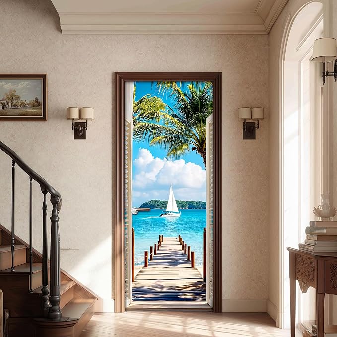 HOMETITUTE Tropical White Shutter Beach Peel Stick Door 30.3x78.7 Vinyl | Wall Cover Poster Decals Removable Wallpaper Self Adhesive Bedroom Livingroom Office - White Shutter - Image 2