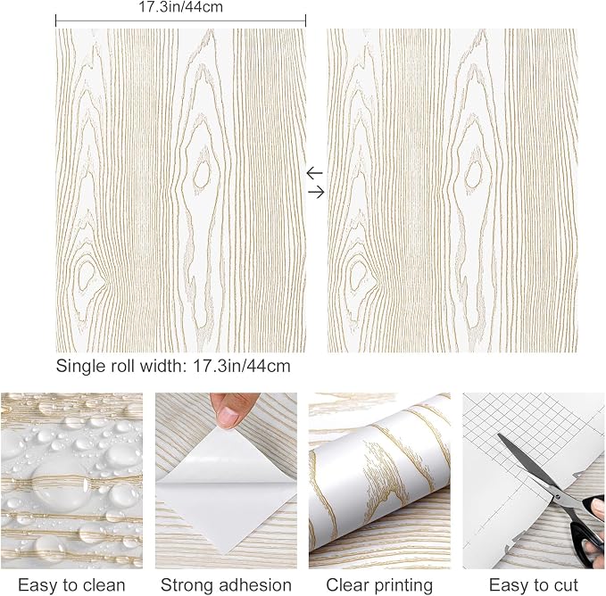 White and Gold Wood Contact Paper 17.3"x80" Peel and Stick Wallpaper | Rustic Wooden Removable Self-Adhesive Wallpaper Wood Grain Contact Paper for Countertops Cabinets - Image 2