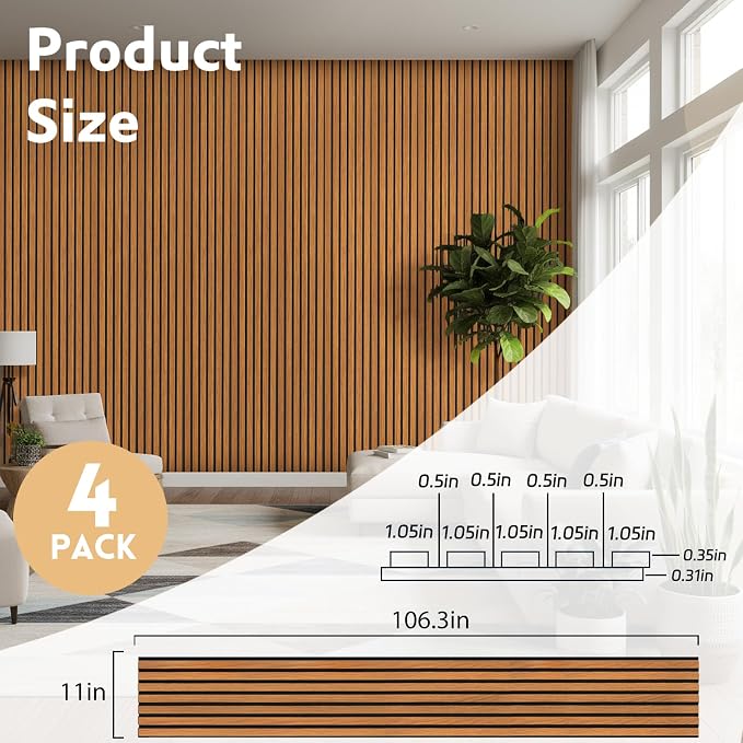 4 Pack Wood Panels for Wall, 106.3" × 11" Wood Slat Acoustic Panels for Wall, Soundproof Panels, 3D Fluted Panels for Interior Wall Decor (Teak) - Image 2