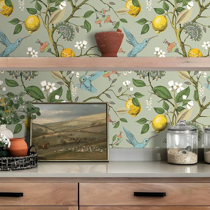 Livelynine Green Floral Bird Wallpaper Peel and Stick Vintage Retro Renter Friendly Wallpaper Kitchen Cabinet Contact Paper Waterproof Gold Lemon Tree Blue Birds Self Adhesive Wall Murals 17.5x78.8" - Image 4