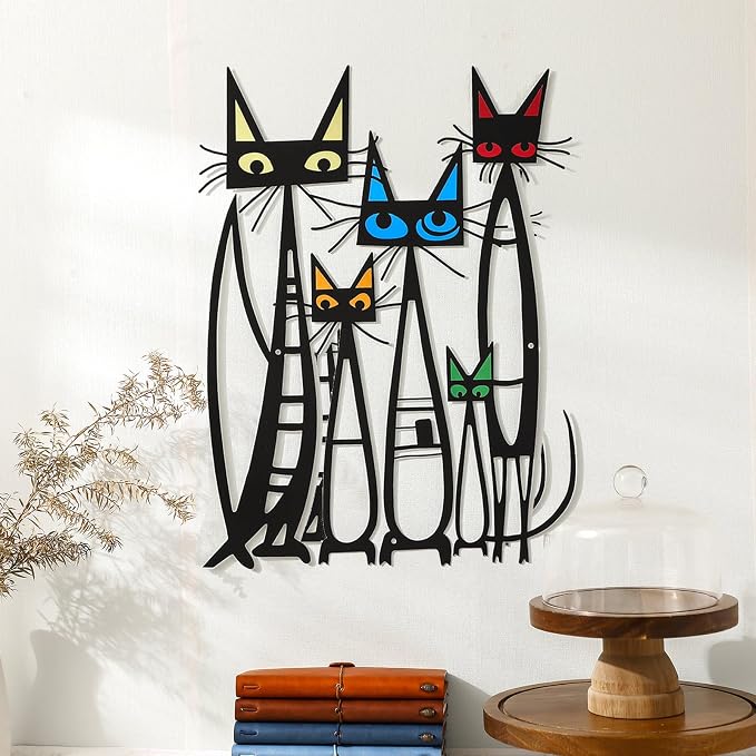 Wesiti Metal Cat Wall Art Decor 10.6x15.7 Inches Colorful Mid Century | Iron Sculpture with 5 Felines, Retro Pictures, Living Room Bedroom Kitchen Decor, Geometric Design, Lover Gift by Unteilti
