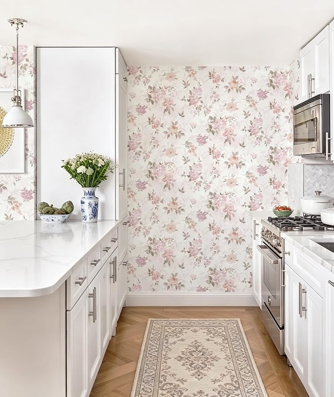Floral Peel and Stick Wallpaper Pink Wall Paper Vintage Farmhouse Contact Paper Slef Adhesive Removable Wallpaper Watercolor Vinyl Waterproof for Living Room Bedroom Kitchen Bathroom 17.3"×78.7" - Image 4