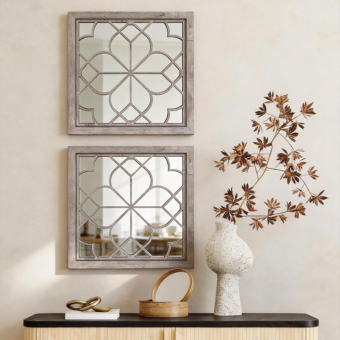 Set of 2 18 Inch Large Square Brown Window Pane Wall Mirrors, Shatterproof Rustic Farmhouse Boho Vintage Accent Mirrors for Living Room, Bedroom, Bathroom, Entryway & Home Decor by HMANGE