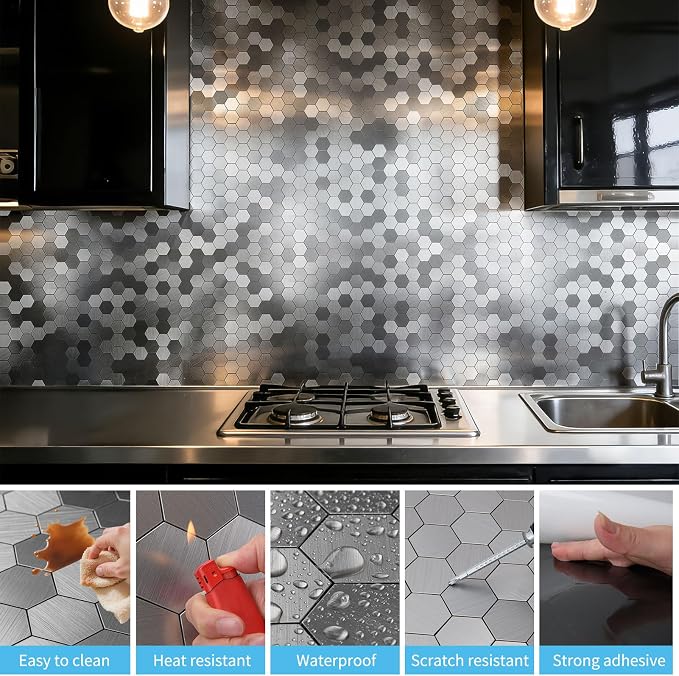 Art3d 10-Pack Metal Peel and Stick Backsplash Tile, Silver Hexagon | 12" x 12", Stainless Steel, Self Adhesive, Anti-Corrosion, Waterproof, Lightweight, Ideal for Kitchens, Bathrooms - Image 3