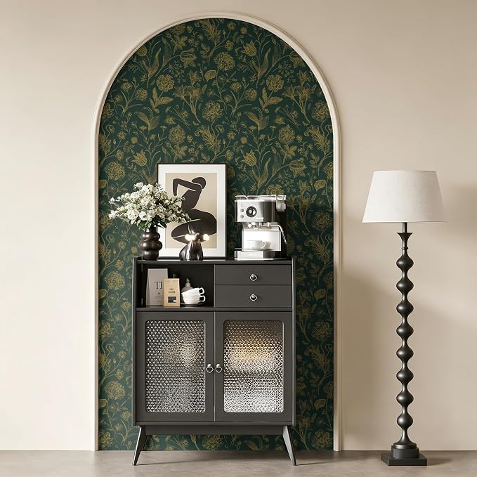 Dark Green and Gold Floral Peel and Stick Wallpaper 17in x118in | Floral Wallpaper Boho Removable Contact Paper Botanical Self Adhesive Decor Flower Wall Paper for Cabinets Bathroom - Image 8