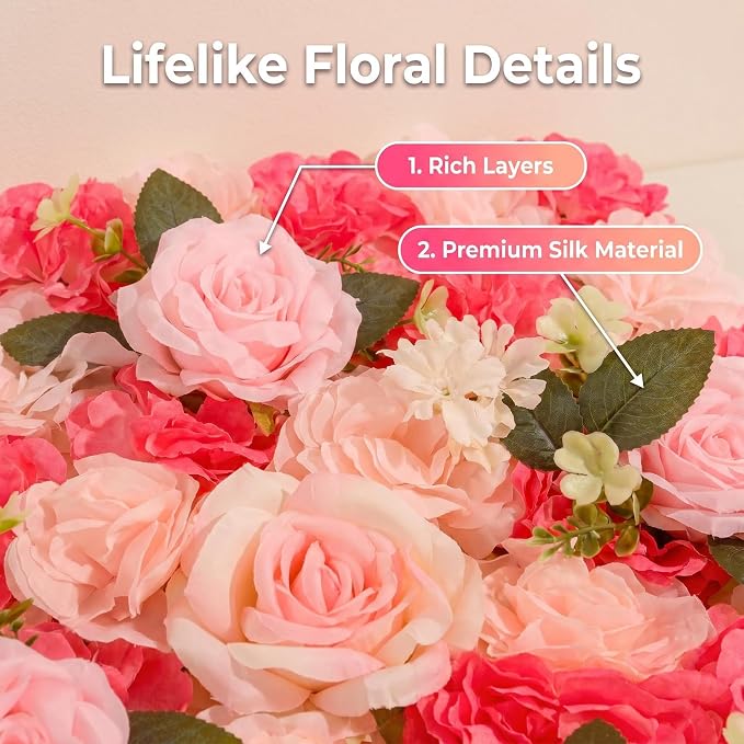 Flower Wall Backdrop 12 Panels 16.5x16.5 Inch Dark & Light Pink | 3D design, realistic look, Seamless Design,eco-friendly,easy to assemble,reusable,.Suitable for weddings,Party,home décor - Image 2