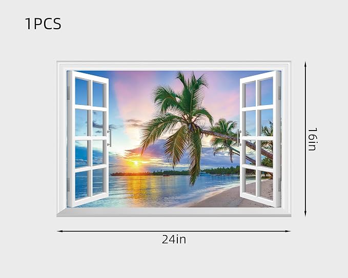 FLFK Fake Window Wall Sticker - Sunrise Over the Sea Faux Window Wall Mural for Wall Decor, Stick and Peel Wall Decals,24"x16" - Image 2