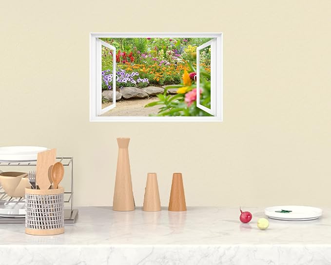 Fake Window Decal - 24"x16" Vinyl Wall Art | Garden Flower Scene Mural Sticker | Peel & Stick Removable Decor - Image 6