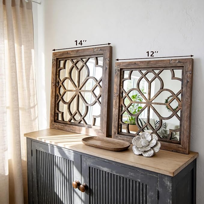 Set of 2 14 Inch Square Redbrown Window Pane Wall Mirrors, Shatterproof Rustic Farmhouse Boho Vintage Accent Mirrors for Living Room Bedroom Bathroom Entryway - Image 5