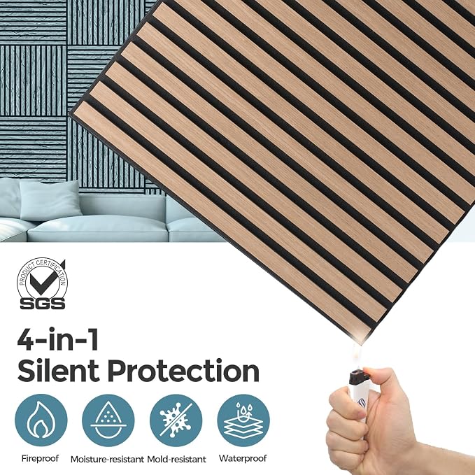 AKUMAX 4-Pack Wood Slat Acoustic Wall Panels, 23.6 x 23.6 in 3D Sound-Absorbing Panels for Walls & Ceilings, Fire-Retardant, FSC-Certified Materials, 15.5 Sq Ft, Walnut - Image 4