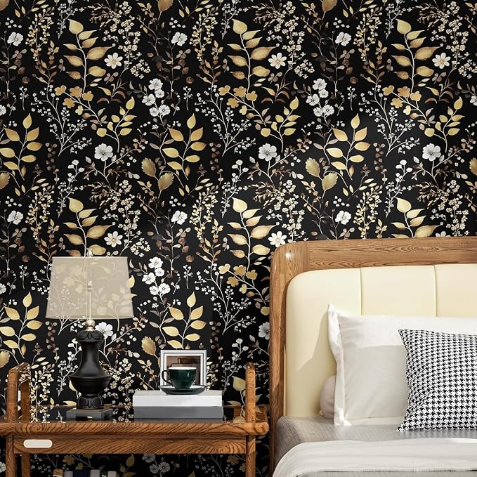 Laatse Vintage Dark Floral Gold Leaf Peel and Stick Wallpaper 17.5"x787" | Self Adhesive/Removable/Waterproof/Thick Vinyl Extra Long Contact Paper for Bathroom Bedroom Shelf Cabinet Drawer,Prepasted - Image 2