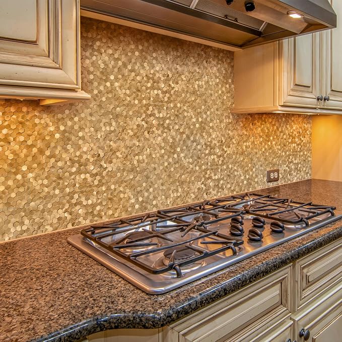 STICKGOO Peel and Stick Backsplash Tiles, Stick on Mosaic Self Adhesive Tiles, 3D Hexagon Backsplash for Kitchen Bathroom Fireplace Vanity (8PCS, Copper) - Image 3