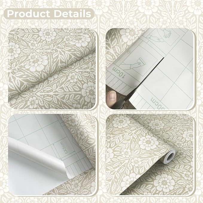 17.3" x 393.7" Floral Wallpaper Peel and Stick Vintage Boho Cream Damask Wallpaper Textured Removable Self Adhesive Vinyl Wall Paper for Bedroom Bathroom Cabinets - Image 2