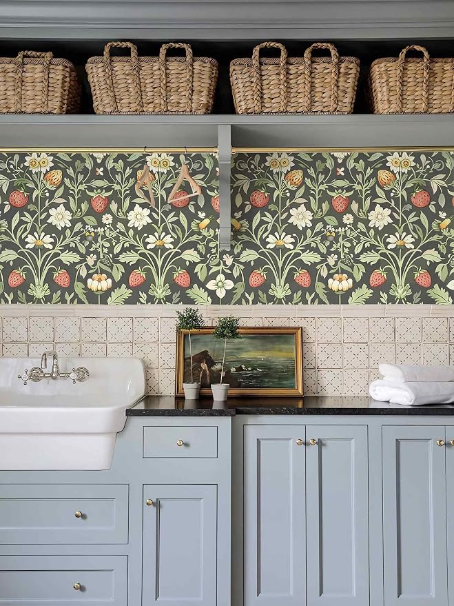 Vintage Wallpaper William Morris Botanical Peel and Stick Wallpaper | Dark sage background with wildflower, bird & strawberry print, removable waterproof vinyl wall covering, bedroom accent decor - Image 6