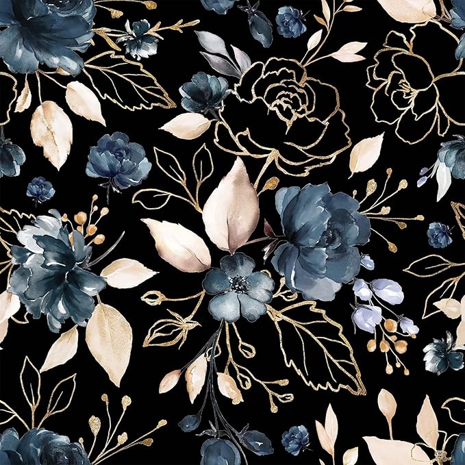 Black Gold Floral Peel and Stick Wallpaper 17.7"x78.8" | Removable thick vinyl, dark botanical design with navy blue flowers, bedroom, bathroom, renter friendly accent walls by BKStickWallpaper