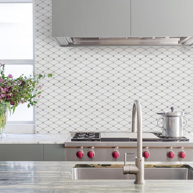 STICKGOO 1 Sheet Peel and Stick Backsplash, Pure White Marble Look PVC Mixed Metal Gold Kitchen Backsplash, Stick on Backsplash Wall Tiles for Kitchen, Bathroom, RV - Image 2
