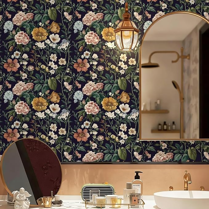 Livebor Floral Peel and Stick Wallpaper Floral Contact Paper 16.9"x118.1" | Dark Flower Wallpaper Neutral Boho Self Adhesive Removable Wall Paper for Cabinets Bathroom Waterproof Decorative Vinyl - Image 4