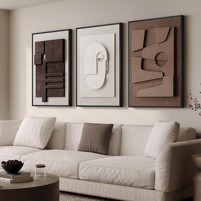 Large Framed 3D Wall Art for Living Room, Brown Abstract Art Wall Decor | Solid wood frame, Textured paintings, 3 piece 24x36 in, Modern artwork for walls, Neutral pictures wall decor bedroom office - Image 2
