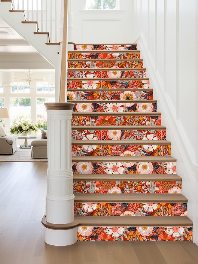 HAOKHOME Red Floral Peel and Stick Wallpaper Bathroom Vintage Contact Paper | Retro Textured Wall Paper Botanical Renter Friendly Removable Orange Flowers Bedroom Accent Decor Wall Mural 17.3in x 9.8ft - Image 4