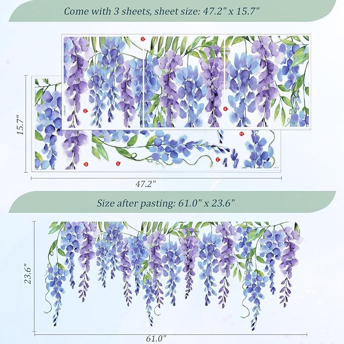 Purple Flowers Wall Decals Peel and Stick, Large Wisteria Floral Vinyl Wall Stickers, Removable Vine Home Decor Art for Bedroom Living Room Classroom Office - Image 3
