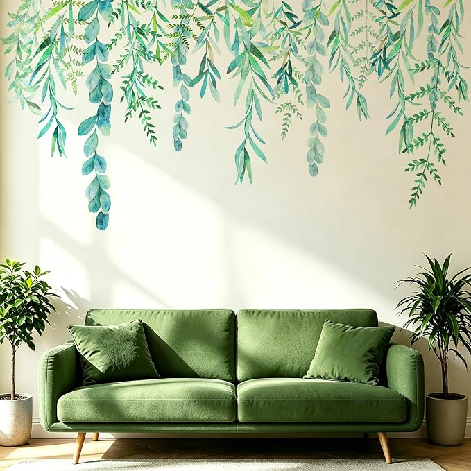 Green Hanging String of Willow Wall Decals Peel and Stick, Large Plants Vinyl Wall Stickers, Removable Vine Home Decor Art for Bedroom Living Room Classroom Office by VePret